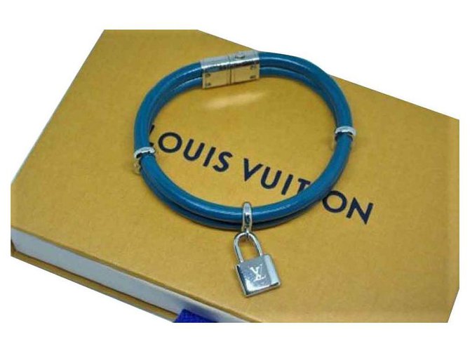 Louis Vuitton "Lockit" Armband aus blauem Leder und Palladium-Beschlägen  ref.111808