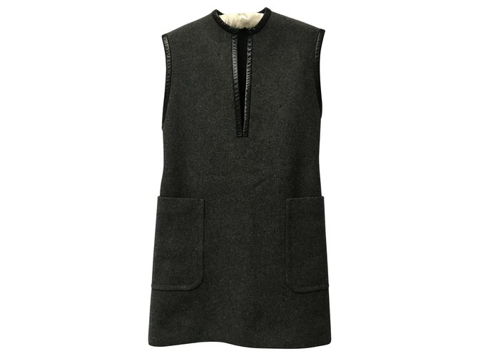 Céline Celine wool and leather shift dress Dark grey  ref.111945