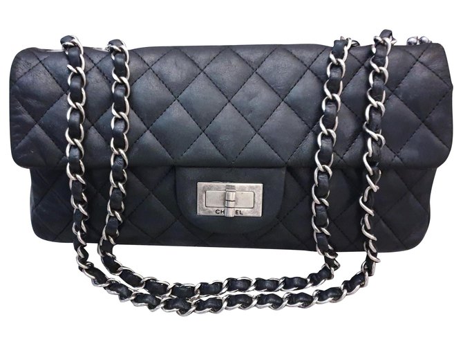 Chanel Reedição Chanel Bag 2.55 Preto Metálico Couro  ref.111971