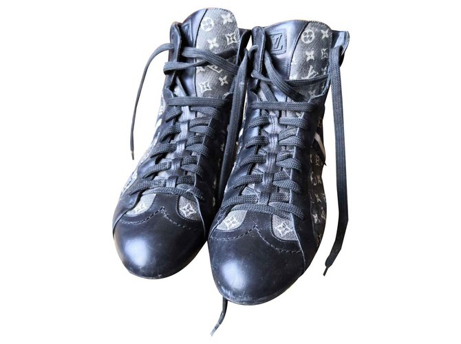 Louis vuitton high top sneakers Black Navy blue Leather Linen Denim  ref.112475