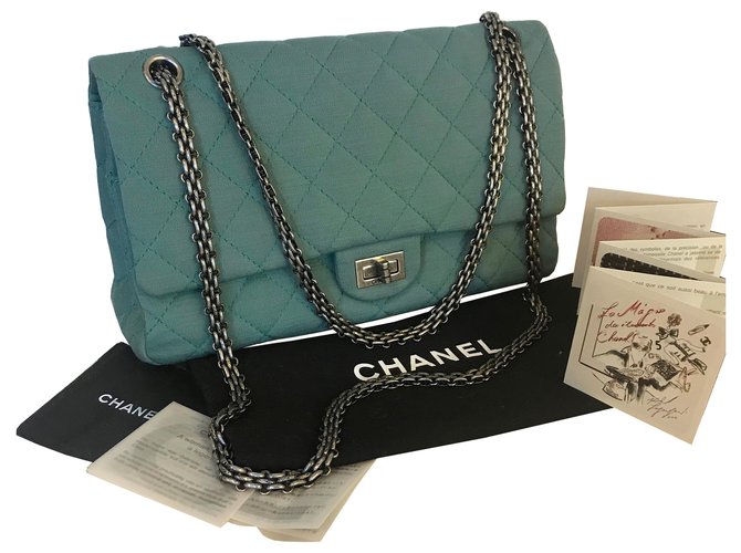 Chanel 2.55 Réédition Jersey 226 Flap classique Cuir Toile Vert clair Turquoise Vert foncé  ref.112644