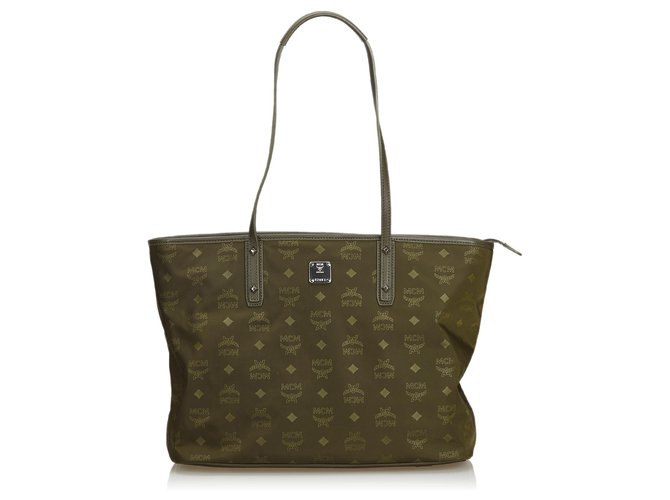 MCM Sac cabas en nylon Visetos Cuir Tissu Vert Vert foncé  ref.112817