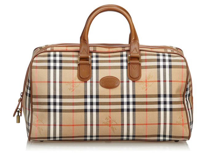 Burberry Plaid Jacquard Travel Bag Brown Multiple colors Beige Leather Cloth  ref.112851
