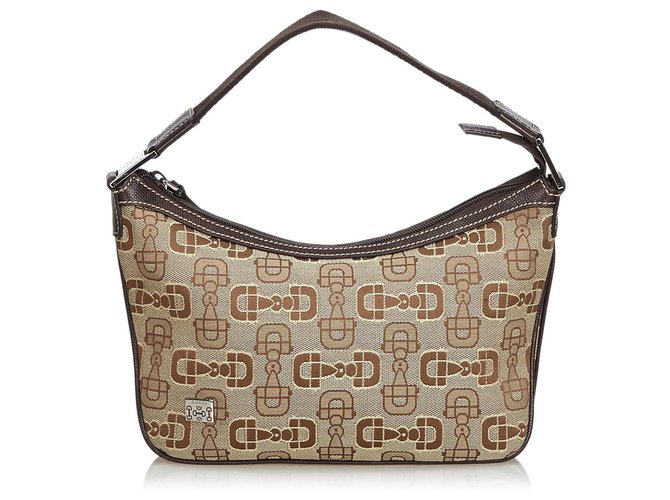 Gucci Horsebit Print Jacquard Handbag Brown Beige Dark brown Leather Cloth  ref.112882