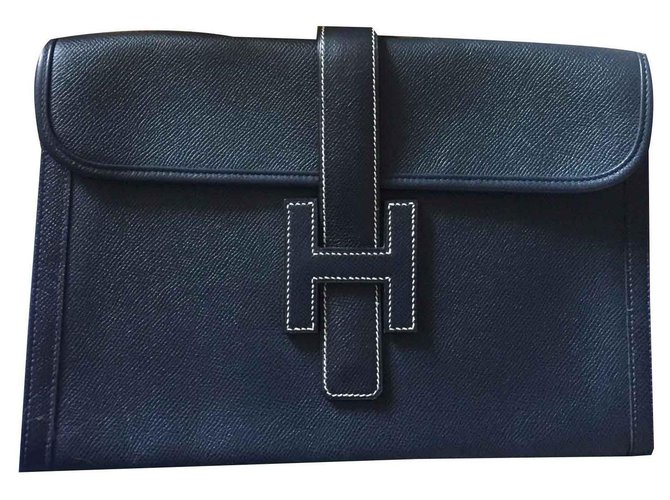 Hermès Hermoso bolso de mano Jige Hermes vintage sin usar. Azul oscuro Cuero  ref.113093
