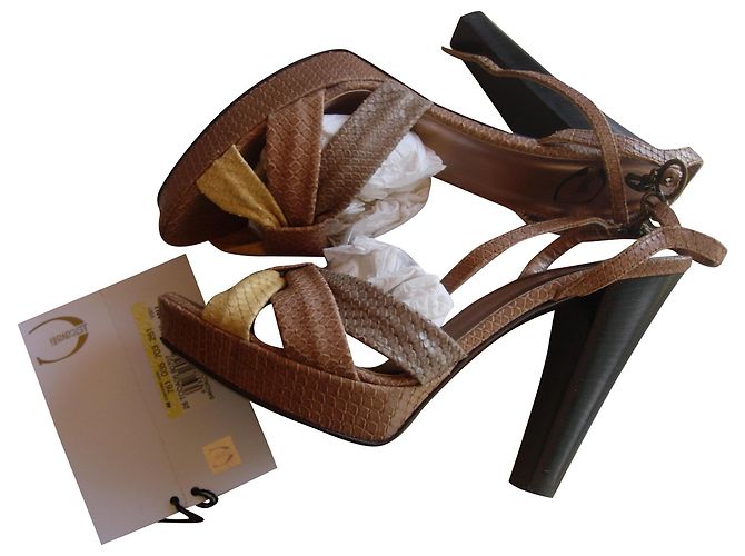 Just Cavalli Leather sandals with snakeskin Beige Cognac Eggshell