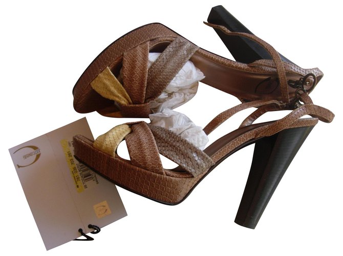 Just Cavalli Leather sandals with snakeskin Beige Cognac Eggshell Exotic leather  ref.113149