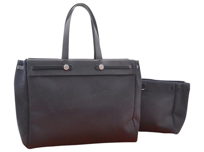 Hermès Vintage Shoulder Bag Preto Lona  ref.113278