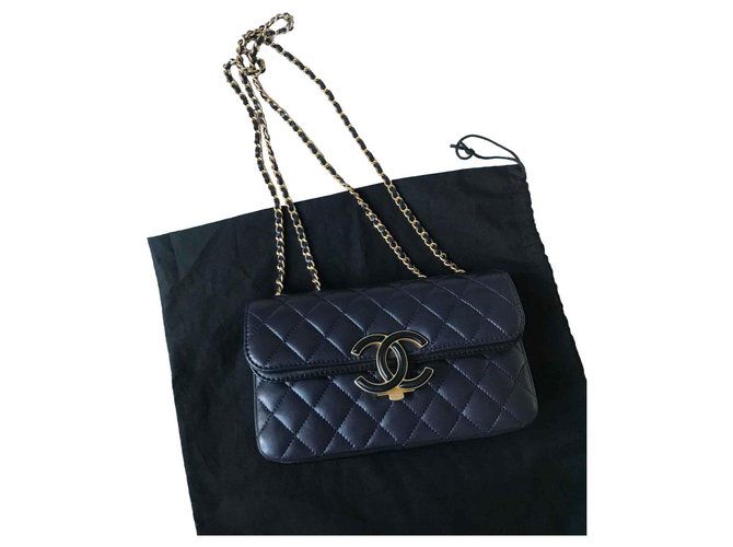 Chanel 2018 Avec carte ,Boite, dustbag! Cuir Noir Bleu Marine Bleu foncé  ref.113294