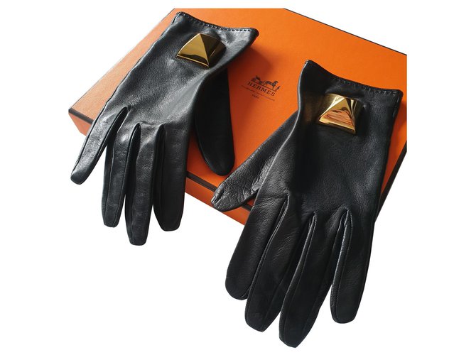 Hermès Gloves MEDOR Black Leather Lambskin  ref.113364