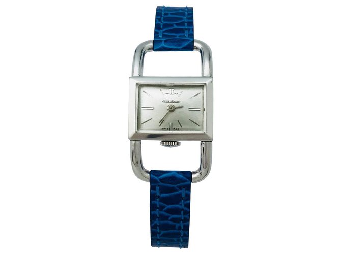 Jaeger Lecoultre reloj modelo "Etrier" de acero sobre cuero..  ref.113450