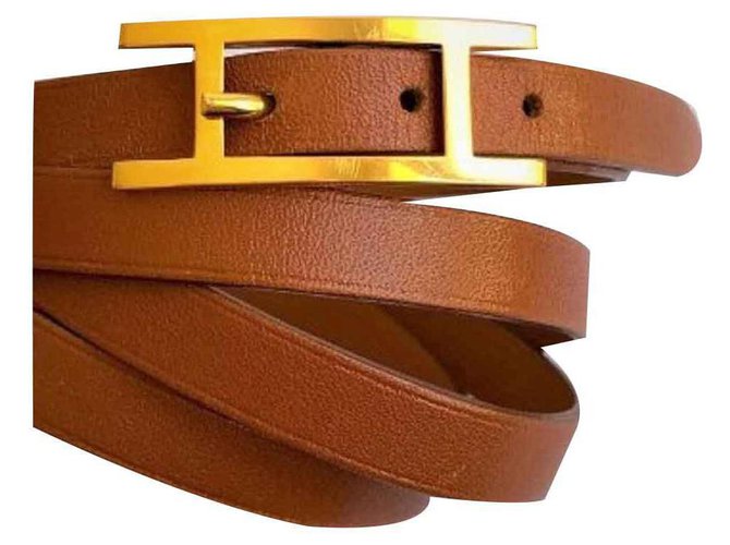 Bracelet Hermès "Hapi 3"en Plaqué Or et Cuir de Veau Camel Marron clair  ref.113571