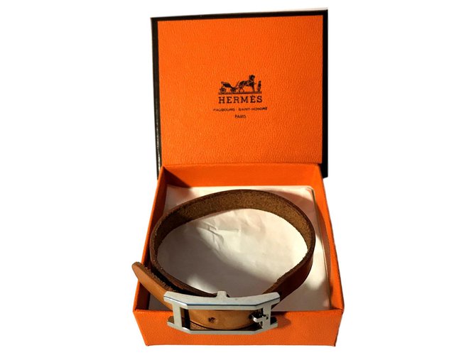 Hermès Hermes Bracelet "Hapi 1"in Palladium and calf leather Camel Light brown  ref.113732