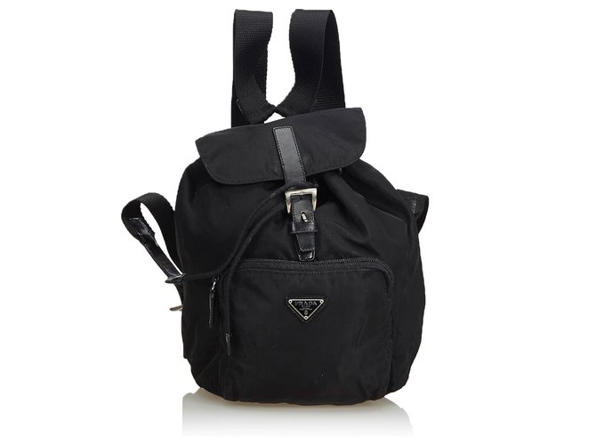 Prada Nylon Drawstring Backpack Black Leather Cloth  ref.114059