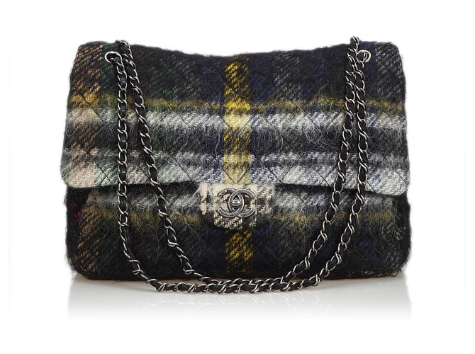 Chanel Classique Maxi Laine Cuir Cuir Flap Single Bag Tissu Noir Multicolore  ref.114115