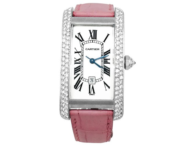 Cartier watch, "American tank", in white gold and diamonds. Leather  ref.114880