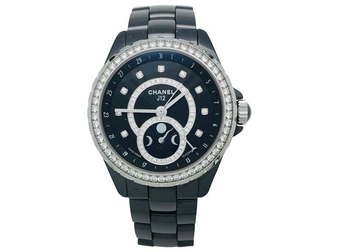 Montre Chanel "J12 Phase de Lune" en céramique noire et acier, diamants.  ref.115568