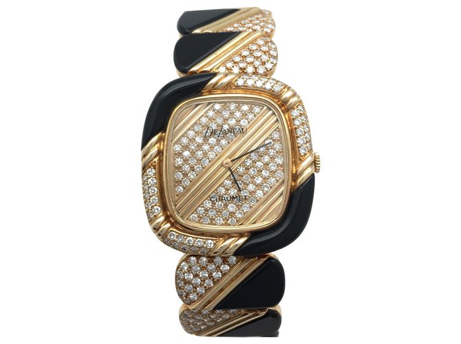 Chaumet watch, DeLaneau in yellow gold, diamonds and onyx.  ref.115764
