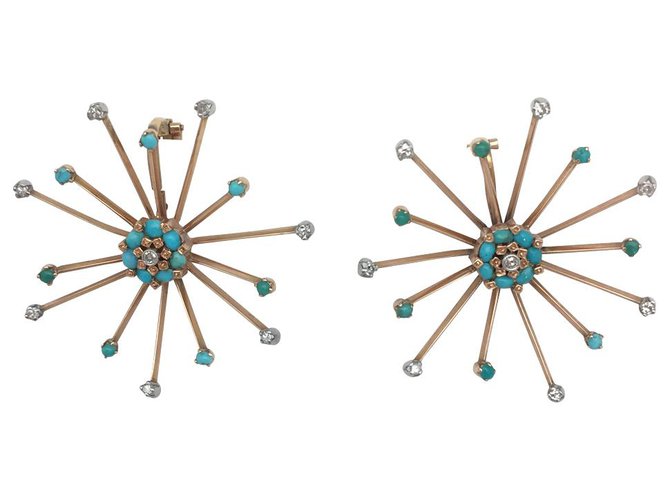 inconnue Rose gold earrings "Snowflakes", turquoises and diamonds. Yellow gold  ref.115863