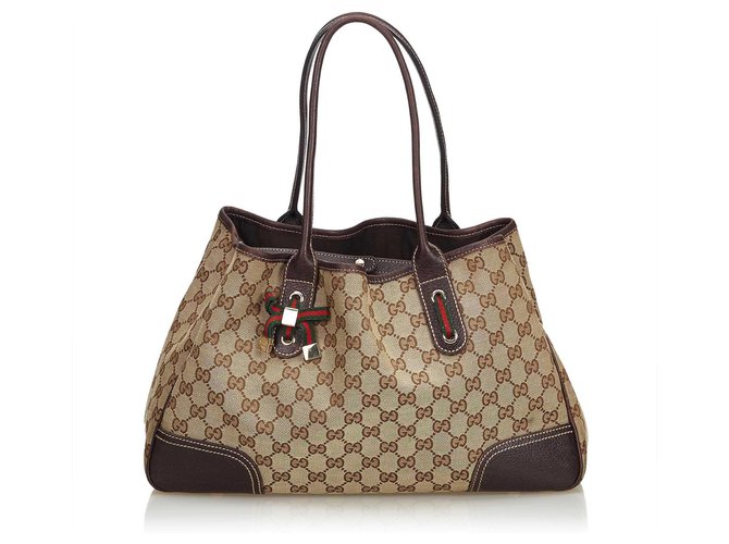 Gucci GG Canvas Princy Tote Bag Brown Beige Leather Cloth Cloth  ref.116118