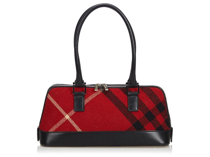 Burberry Plaid Felt Handbag Black Red Leather Cloth  ref.116144
