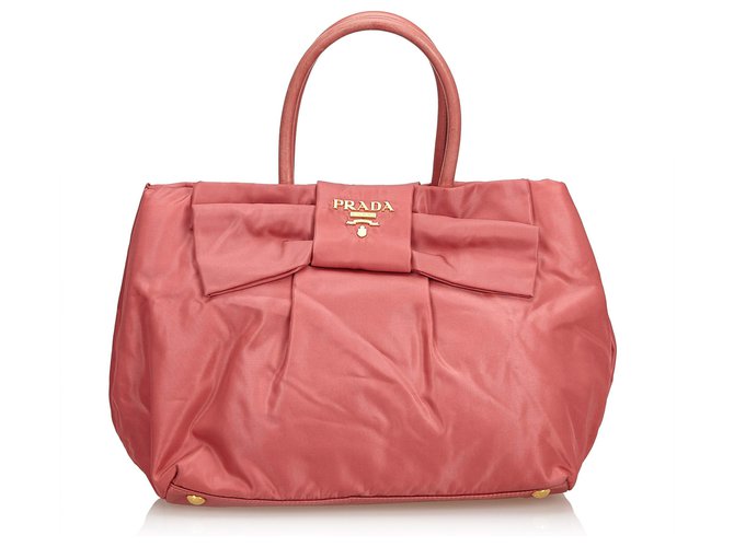 Prada Tessuto Nylon Bow Handtasche Pink Leder Tuch  ref.116152