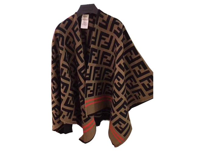 Multicolour wool and silk poncho FF Fendi Brown  ref.116192