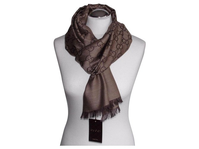 guccissima scarf new Brown Beige Silk Wool  ref.116220