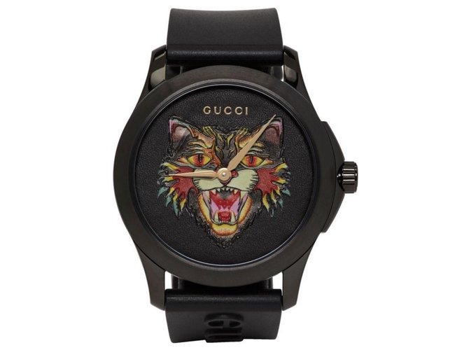 Gucci MÄNNER ANGRY CAT MOTIF BLACK RUBBER RIEMEN UHR YA1264021 Schwarz  ref.116231