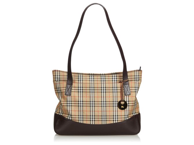 Burberry Plaid Canvas Tote Bag Brown Multiple colors Beige Leather Cloth Cloth  ref.116293