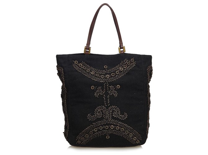 Fendi Wood Embroidered Cotton Tote Bag Black Leather Cloth  ref.116299