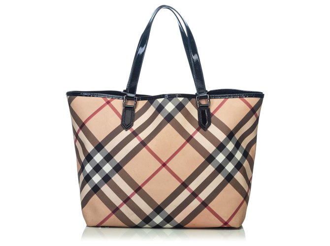 Burberry Plaid Canvas Tote Bag Brown Multiple colors Beige Leather Cloth Cloth  ref.116359