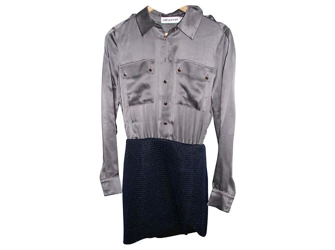 Self Portrait silk dress Blue Grey Metallic