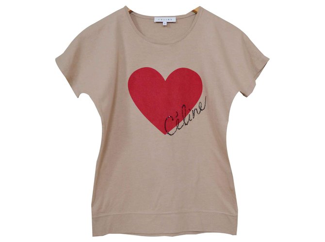 T-shirt en coton beige à ornements strass Céline Taille S SMALL Caramel  ref.116512