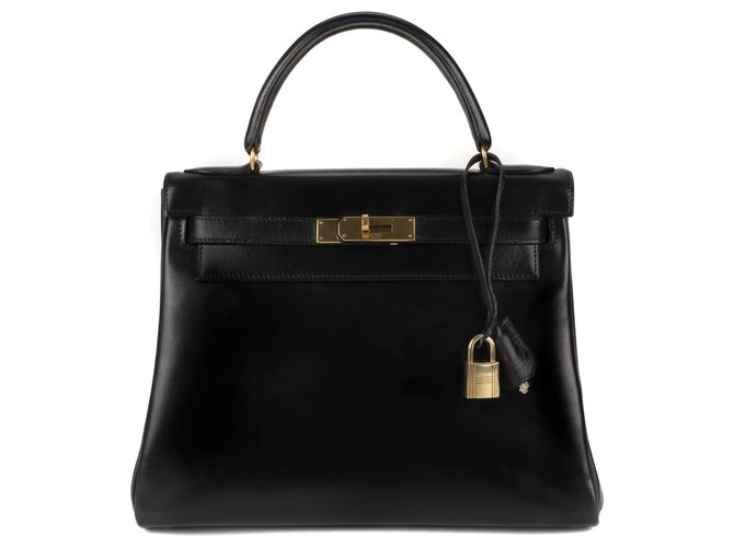 Hermès Hermes Kelly 28 Black Box Leder, Goldschmuck in sehr gutem Zustand! Schwarz  ref.116874