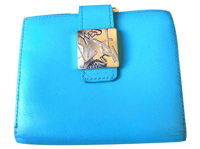 Beautiful Yves Saint Laurent wallet Blue Turquoise Leather Metal  ref.116967
