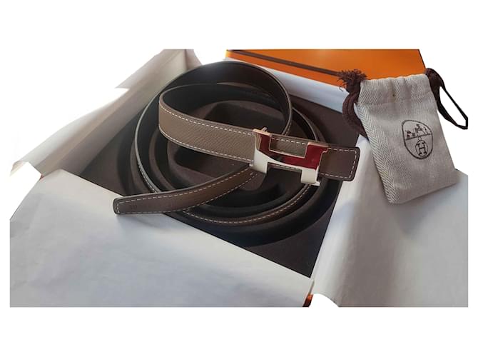 Hermès Hermes H Belt Constance Mini Negro Gris pardo Cuero  ref.116982