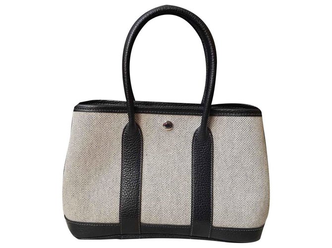 Hermès Hermes garden party bag ttpm (mini) Black Beige Leather Cloth  ref.117127