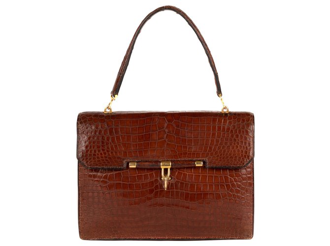 Sac vintage Hermès "Palonnier en cuir de crocodile couleur marron en bon état! Cuirs exotiques Cognac  ref.117199