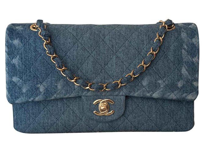 Classique Chanel Sac à rabat doublé en denim bleu moyen Jean  ref.117206