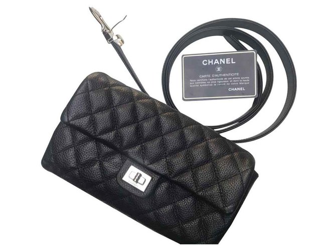 Chanel Vintage black lamb leather waist bag / fanny pack with double buckle  belt