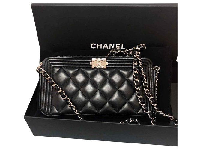 Chanel Wallet on chain boy Black Silvery Lambskin  ref.117398
