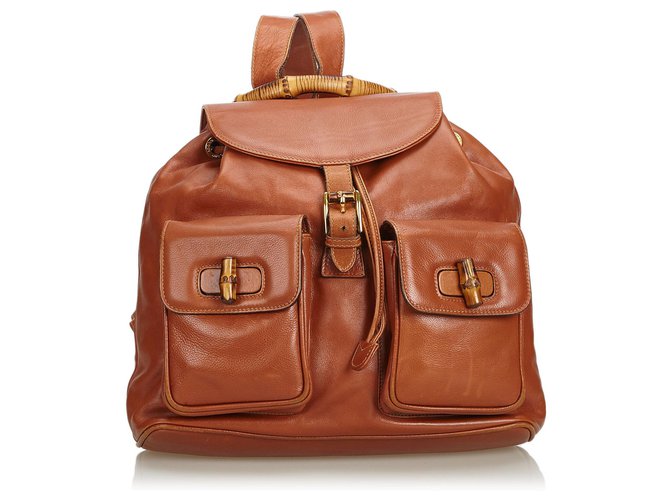 Gucci Brown Bamboo Leather Drawstring Backpack Light brown  ref.117453