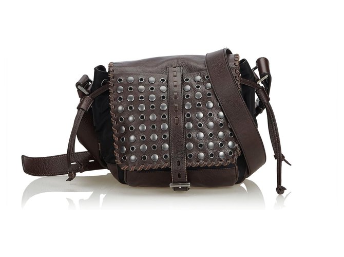 Prada Brown Studded Nylon Crossbody Bag Dark brown Leather Cloth  ref.117454