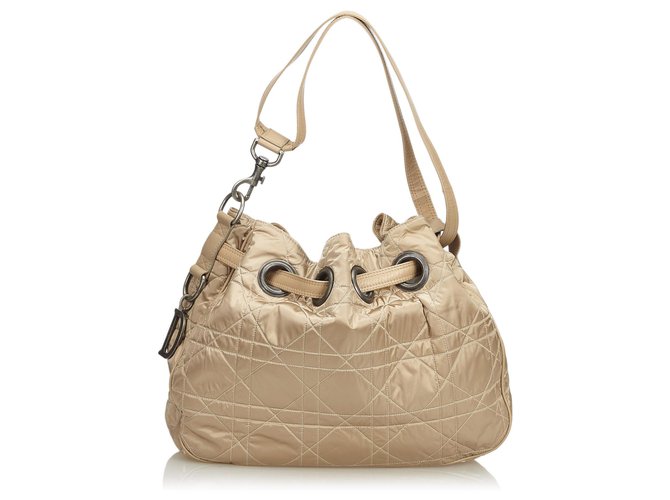 Dior Brown Nylon Cannage Bucket Bag Beige Leather Cloth  ref.117459