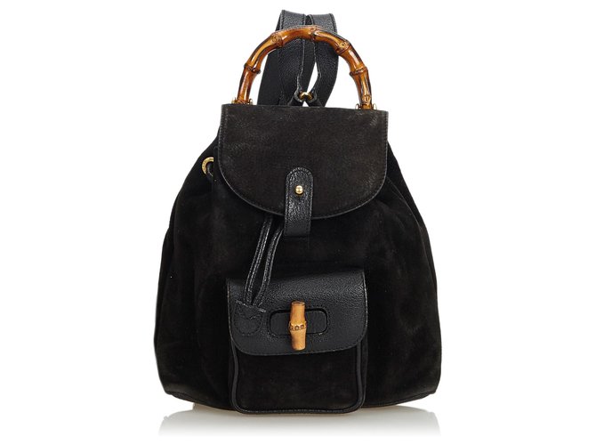Gucci Black Bamboo Suede Drawstring Backpack Brown Leather Wood  ref.117486