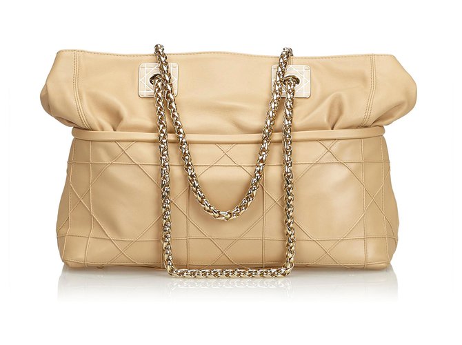Dior Brown Cannage Leather Chain Shoulder Bag Beige  ref.117495