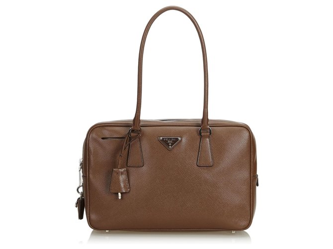 Prada Brown Saffiano Leather Bauletto Handbag Dark brown  ref.117527