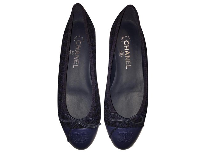 Ballerines Chanel noir / bleu / noir Tweed  ref.117616