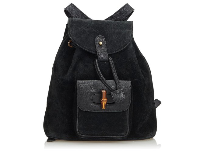 Gucci Black Bamboo Suede Drawstring Backpack Leather  ref.117655